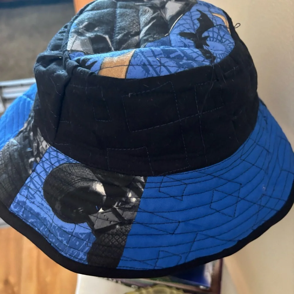 22” Batman/Houndstooth Blue and Black Reversible Bucket Hat Hand Crafted‎ 001